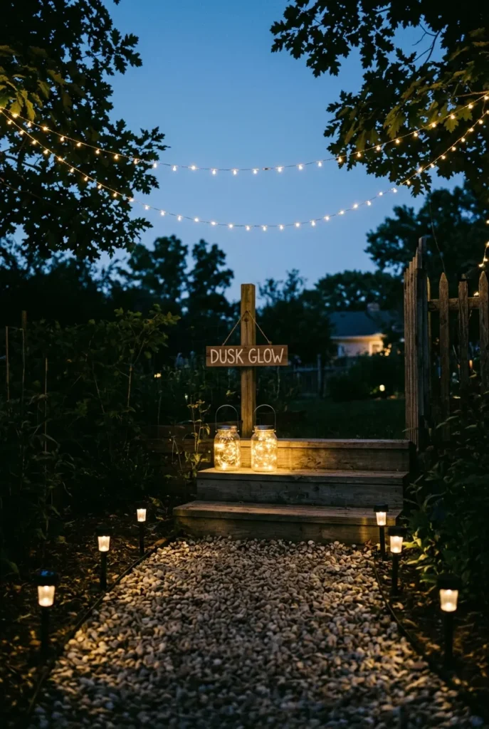 Three-layer Dollar Tree solar lighting at dusk with path stakes, string lights, and mason jar lanterns.