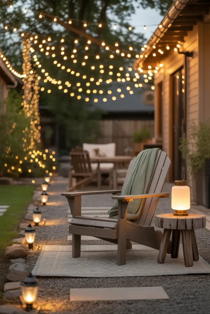 Three-layer outdoor lighting setup for small backyards with string lights, lantern, and solar path lights