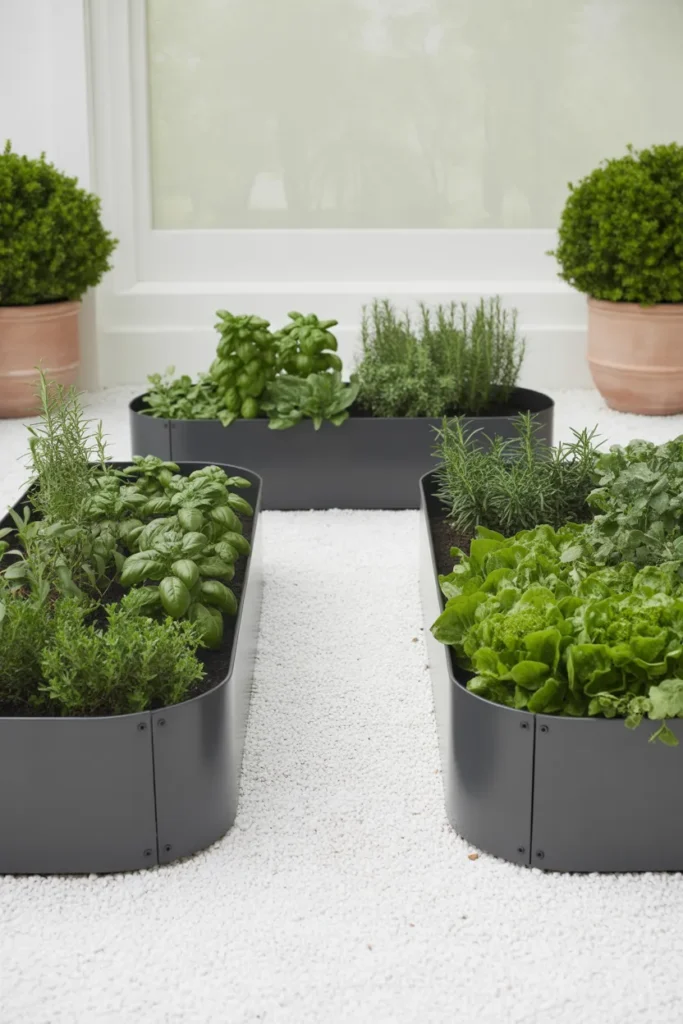 Three matte black metal raised garden beds arranged in a modern minimalist patio garden