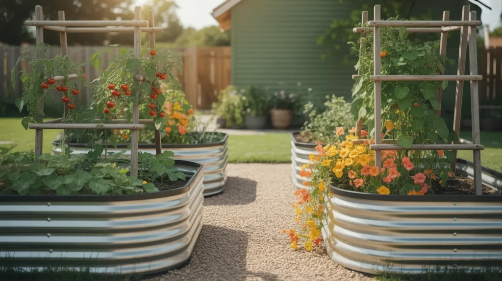 Three modern corrugated metal raised garden beds with vegetables and trellises in a sunny backyard