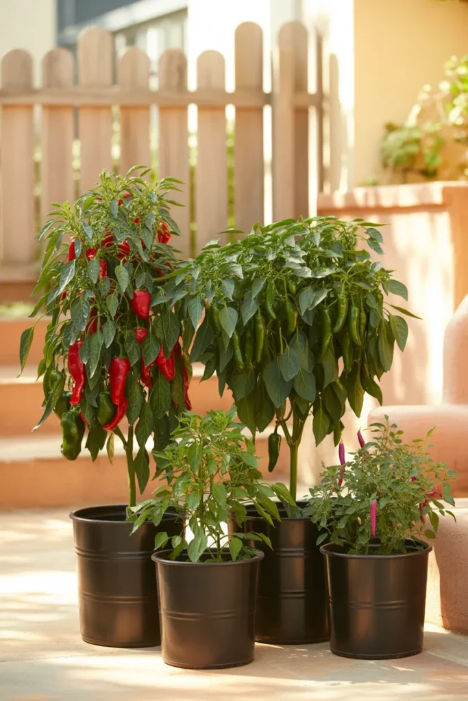 Three pepper varieties growing in 5 gallon black pots on a sunny patio.