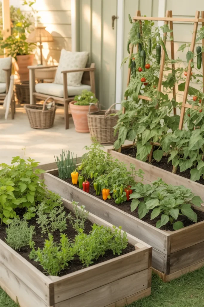 Three raised garden beds at 6, 12, and 24 inches deep planted with different vegetables