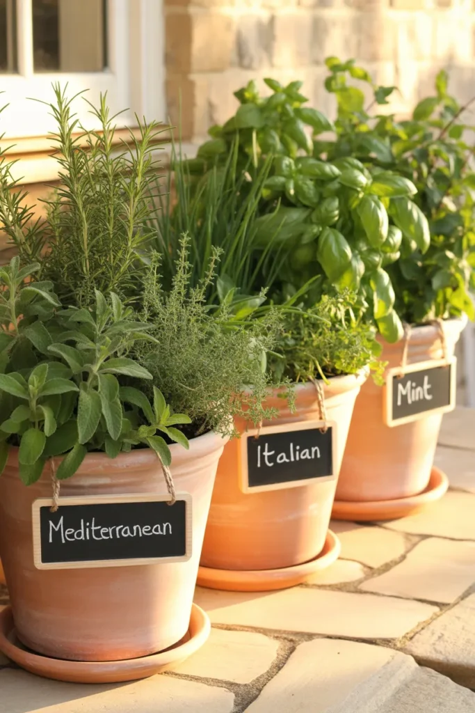 Three terracotta herb pots showing Mediterranean Italian and mint container pairings on patio