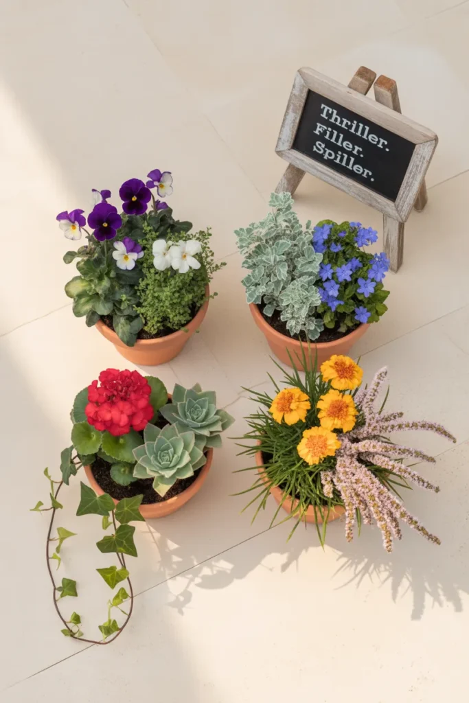 Thriller filler spiller container gardening flower combinations in four style categories
