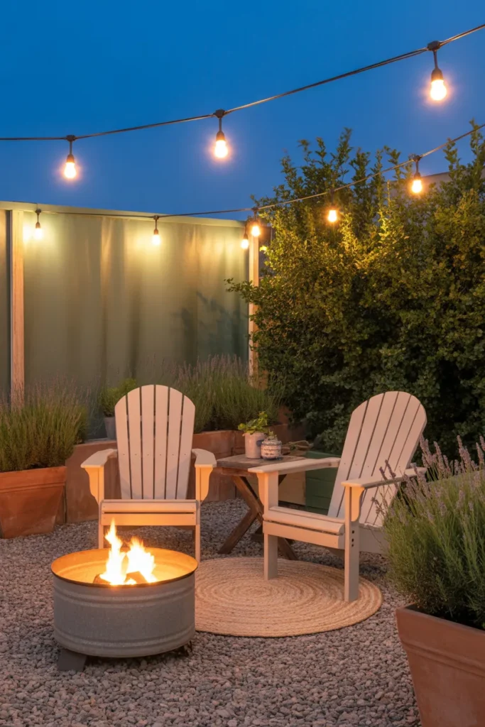 Twilight backyard makeover on a budget DIY with string lights fire pit and Adirondack chairs