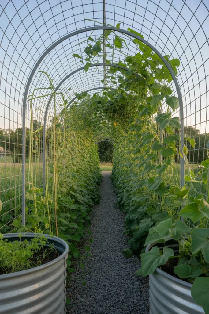 Two metal raised garden beds connected by an arched cattle panel trellis with climbing vines
