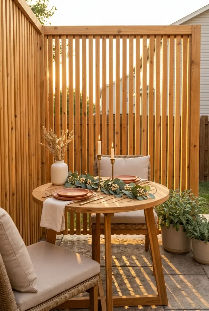 Vertical cedar slat privacy screen with a small outdoor dining table set for two at golden hour.
