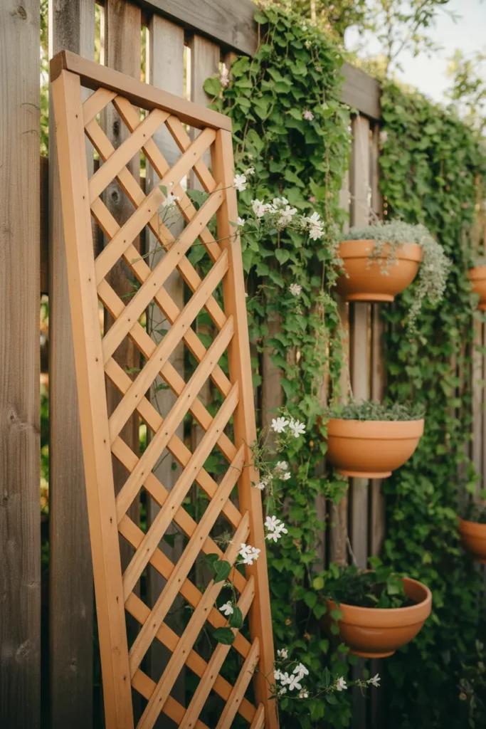Vertical garden ideas for small backyards with wood trellis and hanging terracotta wall planters