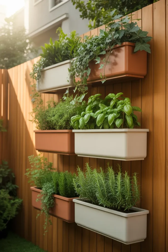 Vertical garden wall with herbs and trailing greenery in a narrow backyard.