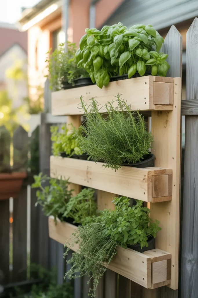 Vertical pallet herb wall with basil and rosemary for small space garden inspiration ideas