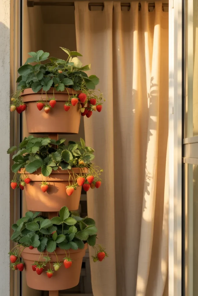 Vertical strawberry tower on small apartment balcony with ripe berries trailing over terracotta tiers.
