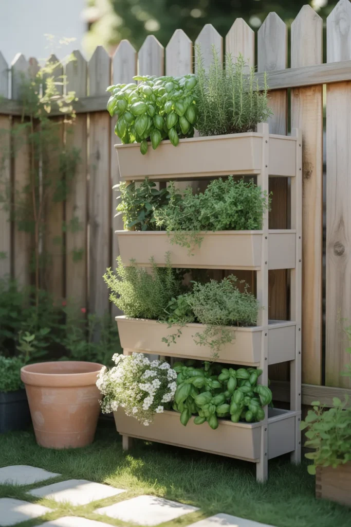 Vertical wood planter with herbs and flowers as small backyard space-saving idea.