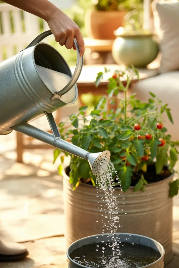 Watering a 5 gallon container tomato plant with a galvanized steel watering can.