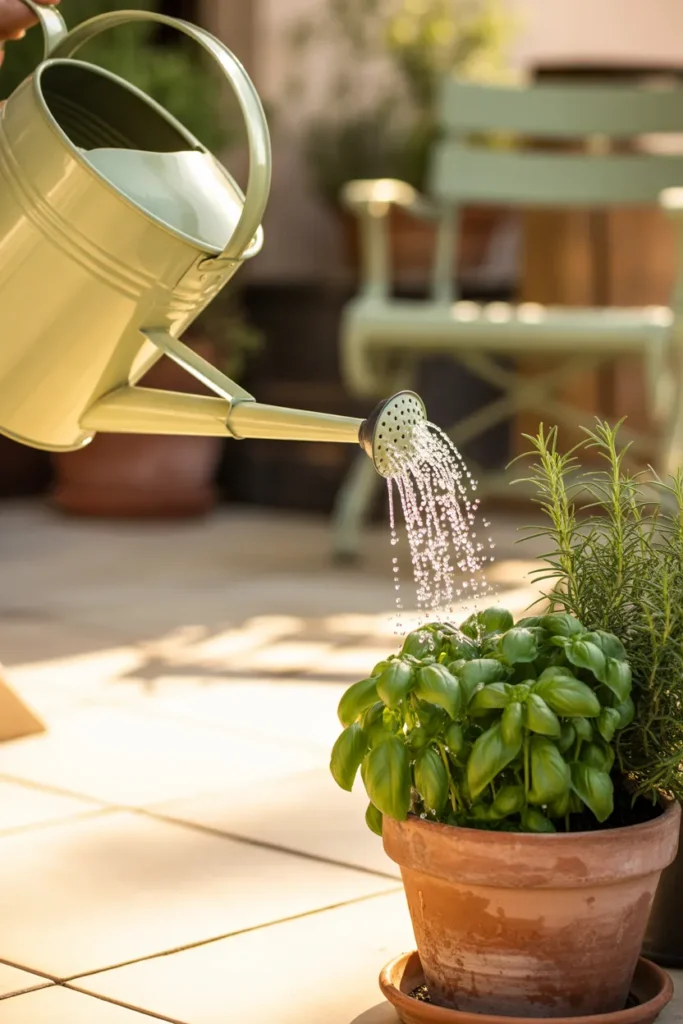 Watering basil and rosemary in a terracotta pot with a cream watering can on a stone patio