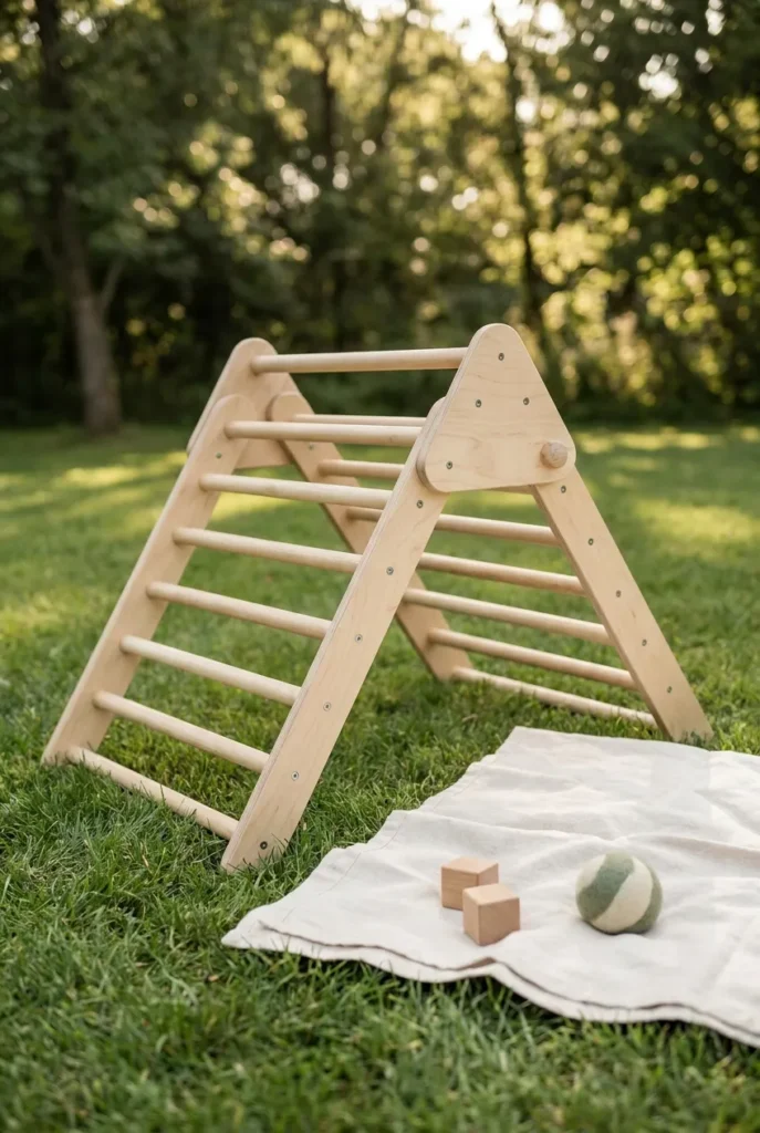 Wooden climbing triangle on grass as a Montessori backyard idea for kids.