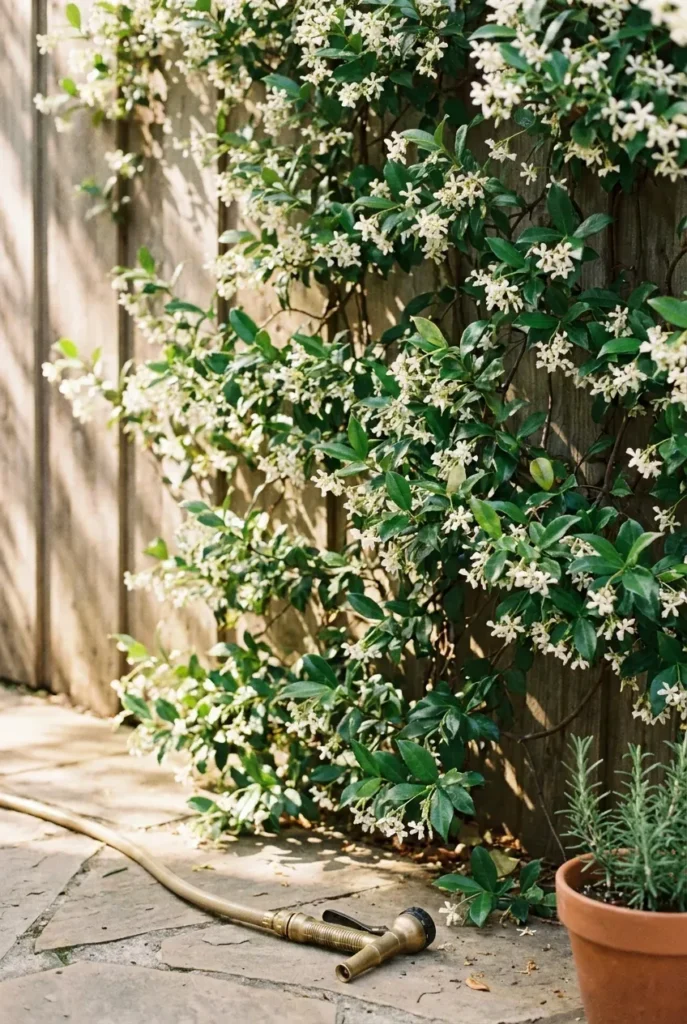 Wooden fence covered in climbing star jasmine with white blossoms for natural backyard privacy.