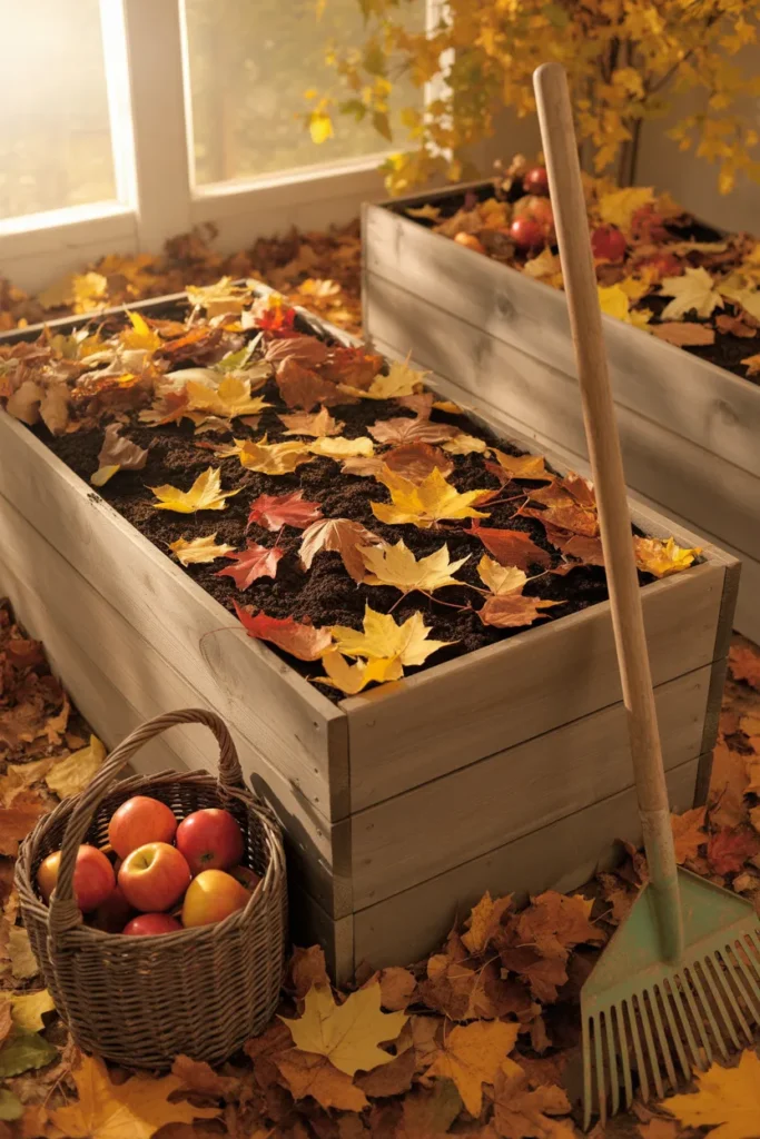 Wooden raised garden bed being filled with fall leaves and compost in autumn