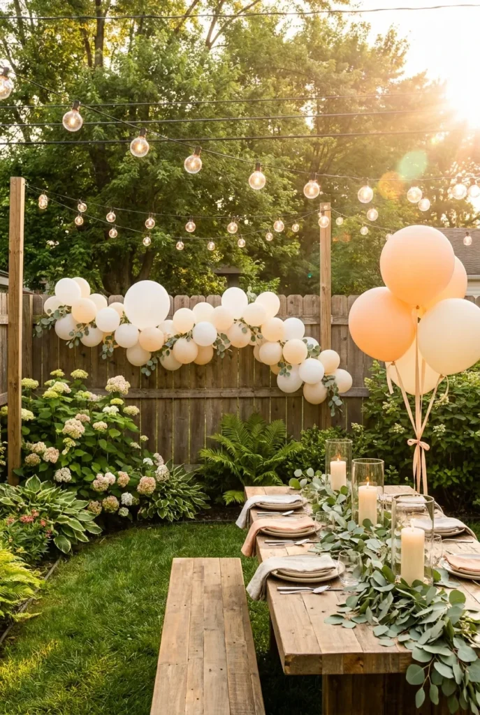 Backyard birthday party decorations with balloon garland string lights and dining table