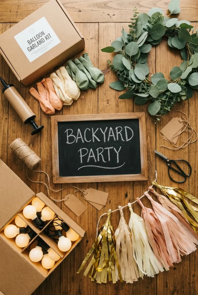 Overhead flat lay of backyard birthday party decorations organized by zone