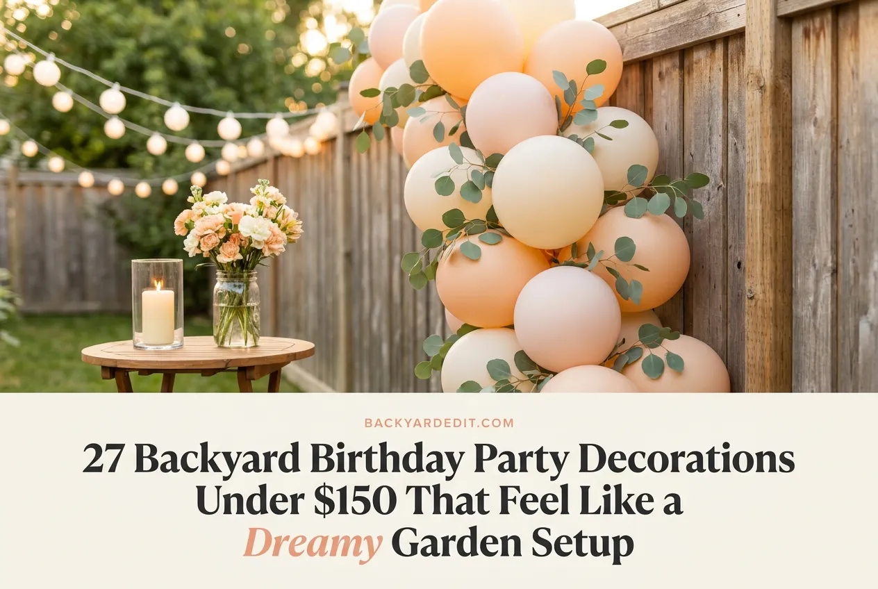 Backyard birthday party decorations under $150 with balloon garland string lights and candles at golden hour
