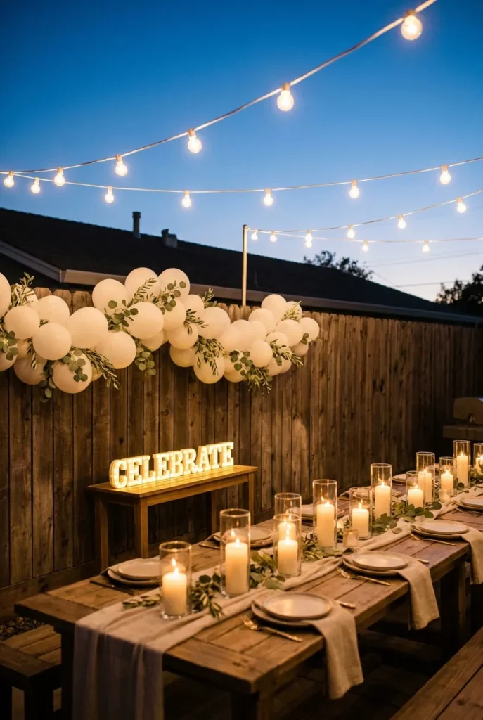 Backyard birthday party decorations for women at dusk with string lights and marquee sign