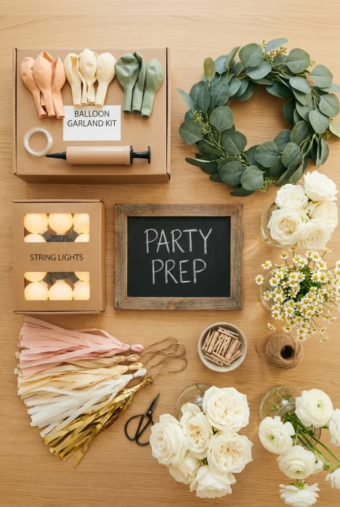 Backyard birthday party decorations shopping list flat lay under 150 dollars