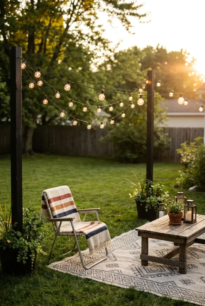 Backyard birthday party seating area with string lights and picnic blankets on a budget