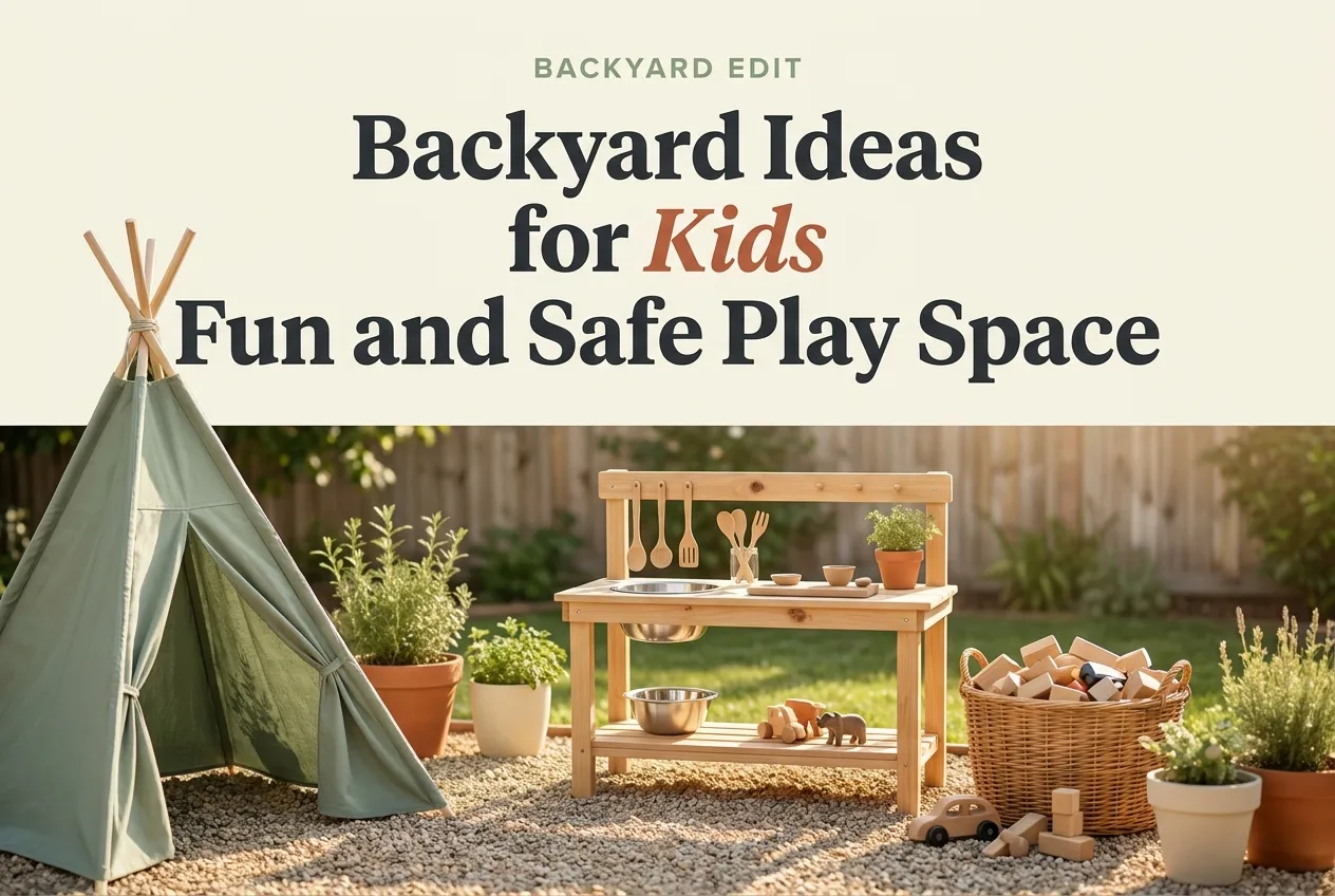Backyard ideas for kids Pinterest pin with wood mud kitchen, sage teepee, and natural toys in a cozy play space.
