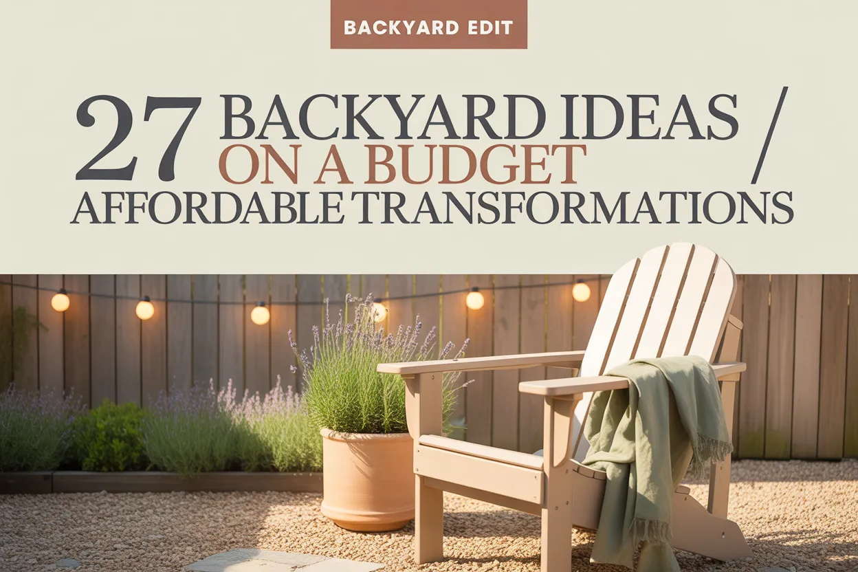 Pinterest pin for 27 backyard ideas on a budget with cream Adirondack chair, lavender, and string lights.