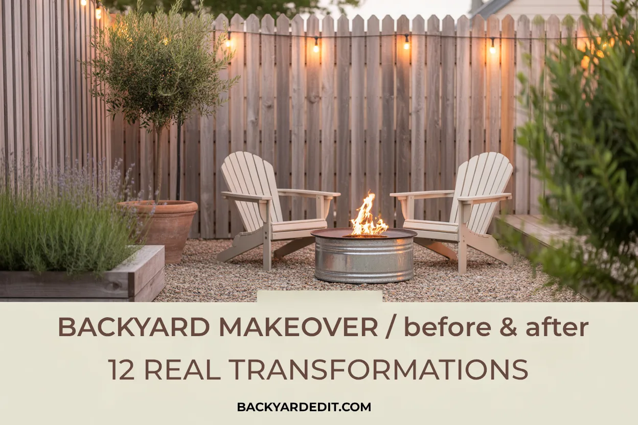 Backyard makeover before and after Pinterest pin with cream Adirondack chairs, galvanized fire pit, and string lights on pea gravel patio.