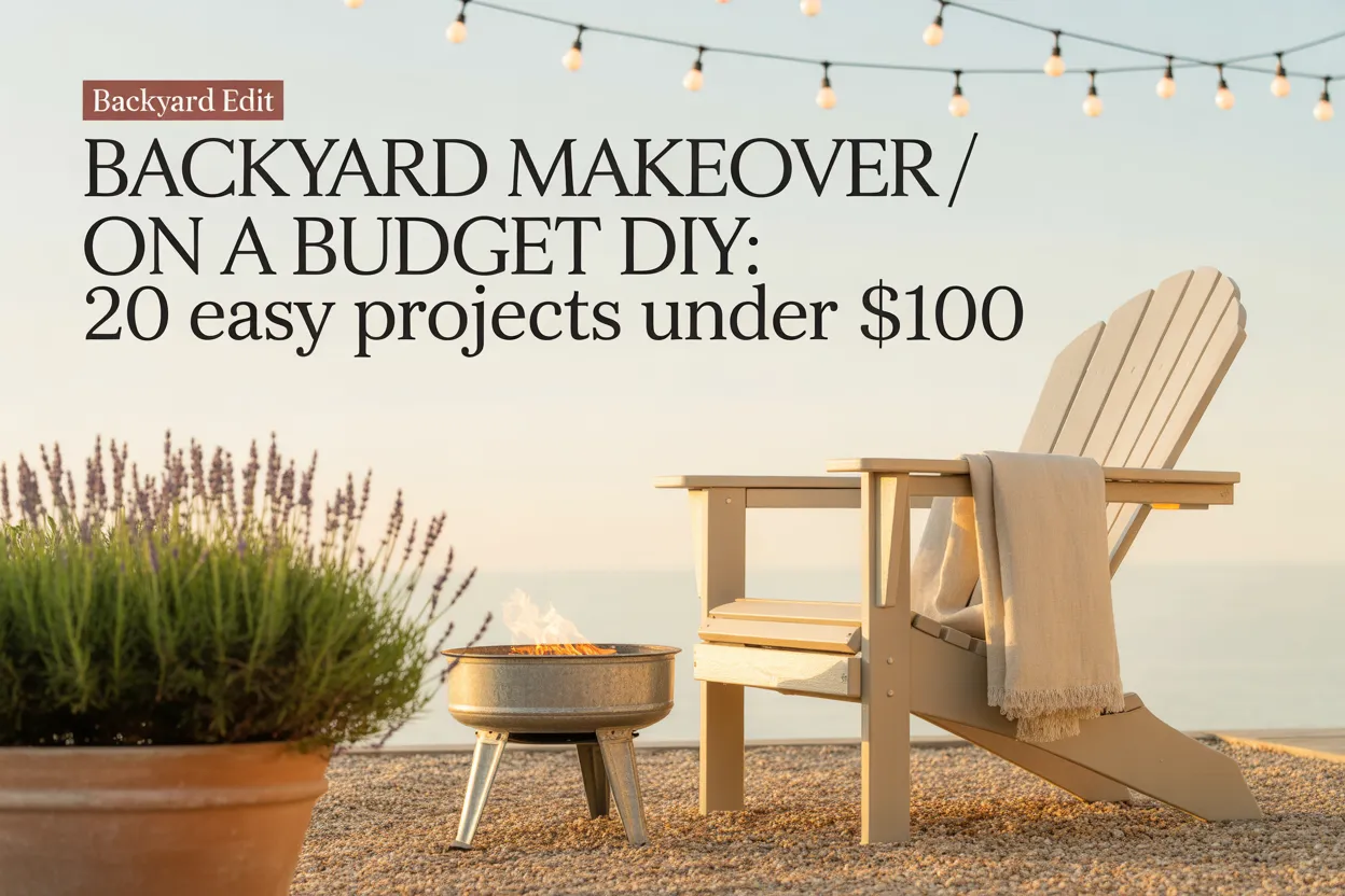 Backyard makeover on a budget DIY featured image with cream Adirondack chair, fire pit, and string lights on pea gravel patio