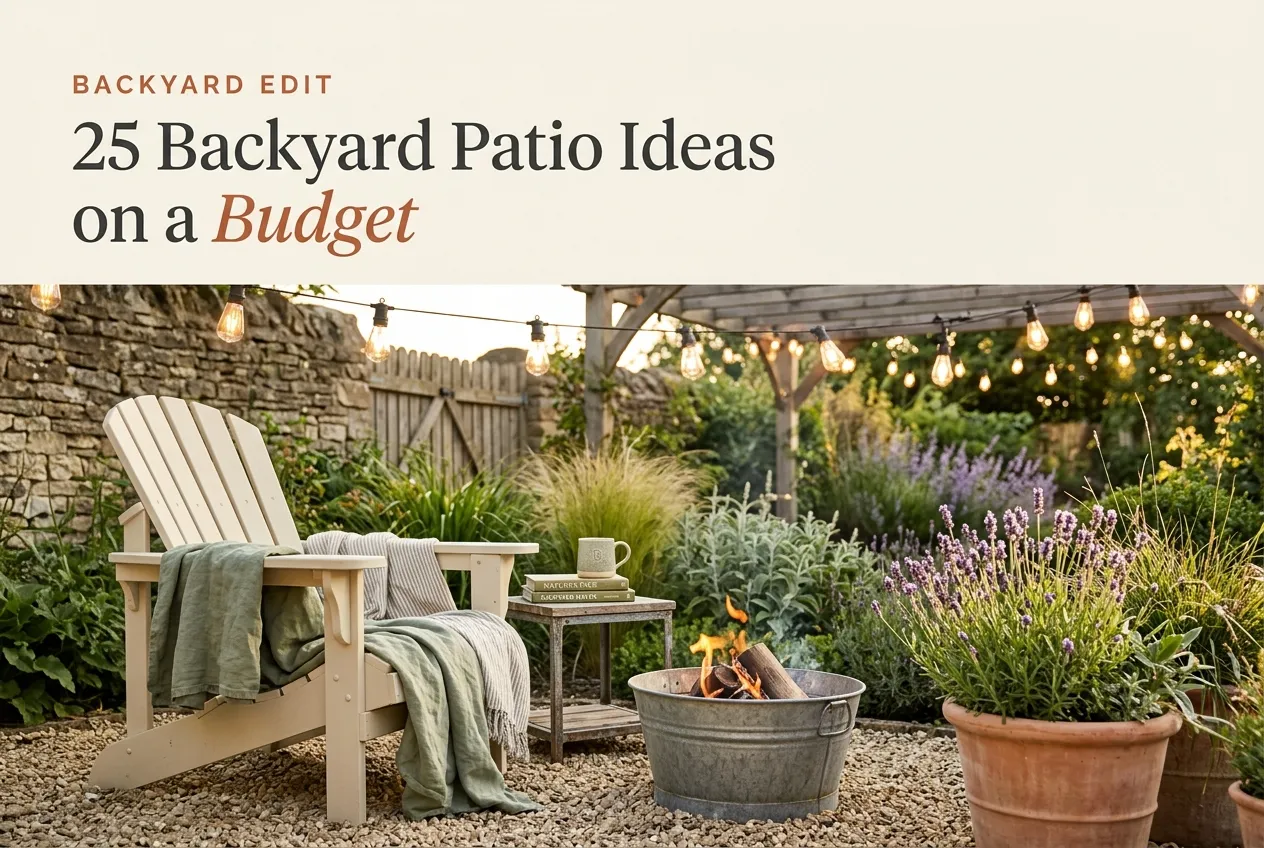 Cozy backyard patio with cream Adirondack chair, fire pit, and string lights for budget DIY ideas