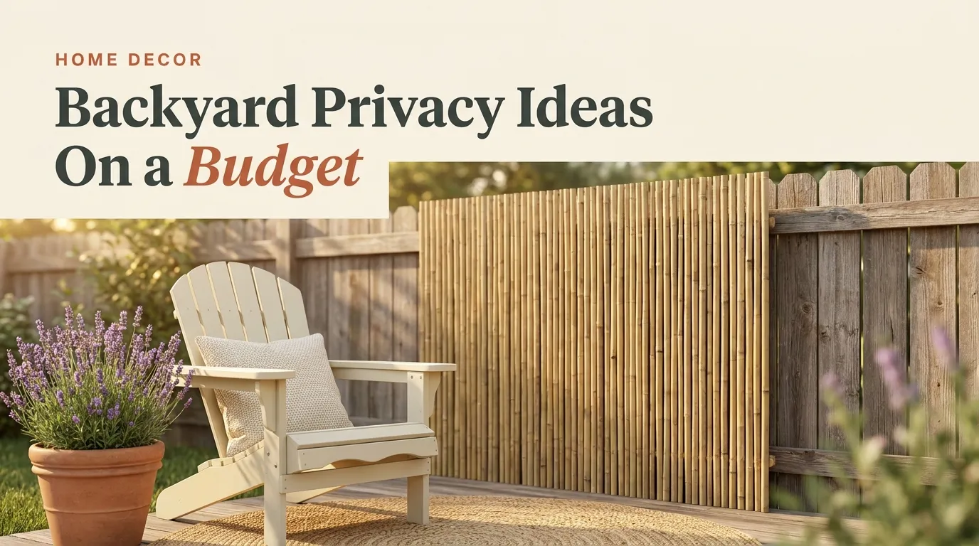 Pinterest pin for backyard privacy ideas on a budget with bamboo screen, Adirondack chair, and lavender.