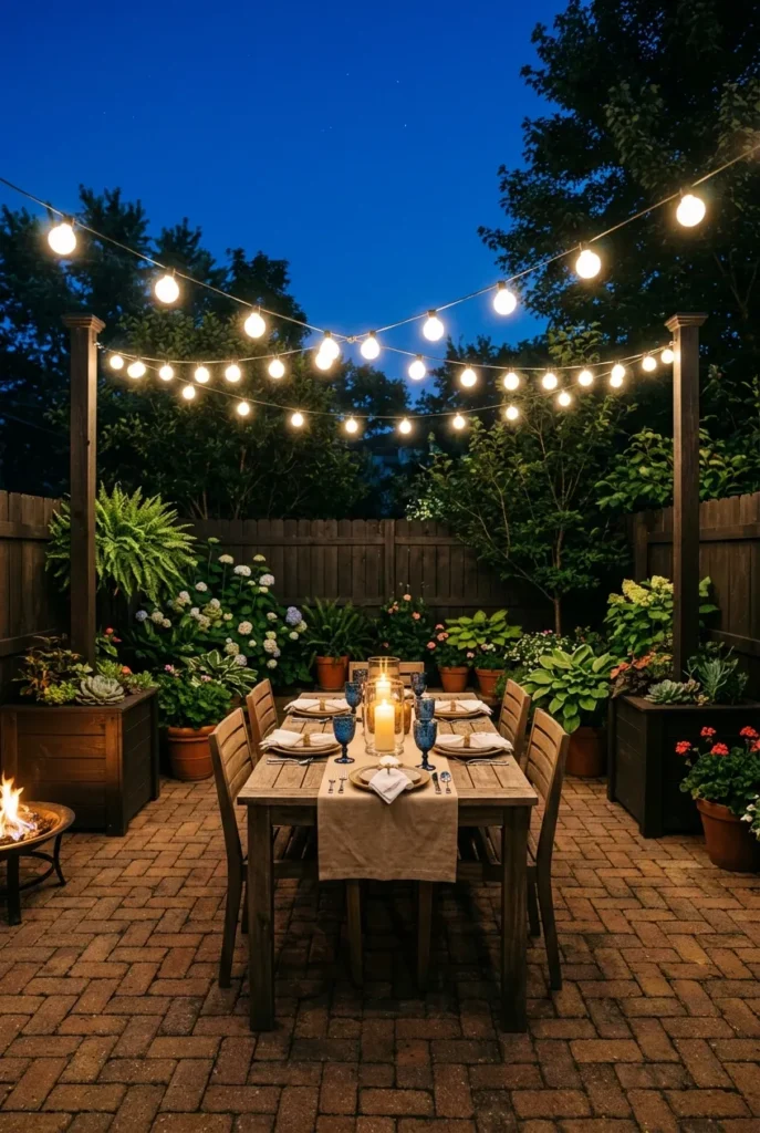 Backyard patio at dusk with G40 string lights between cedar poles in planters