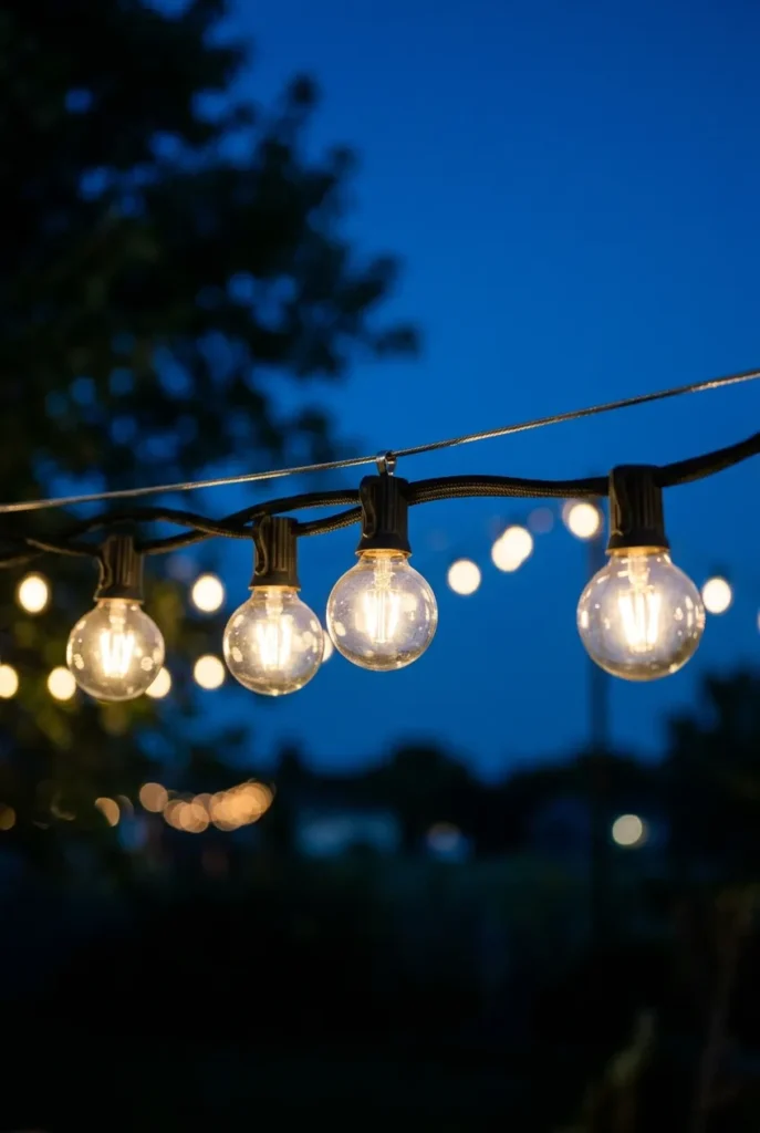 G40 globe bulbs on a taut string light strand supported by aircraft guide wire at dusk.