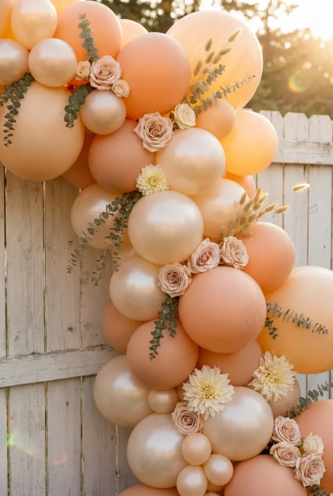Peach balloon garland with floral accents on a backyard fence for a birthday party