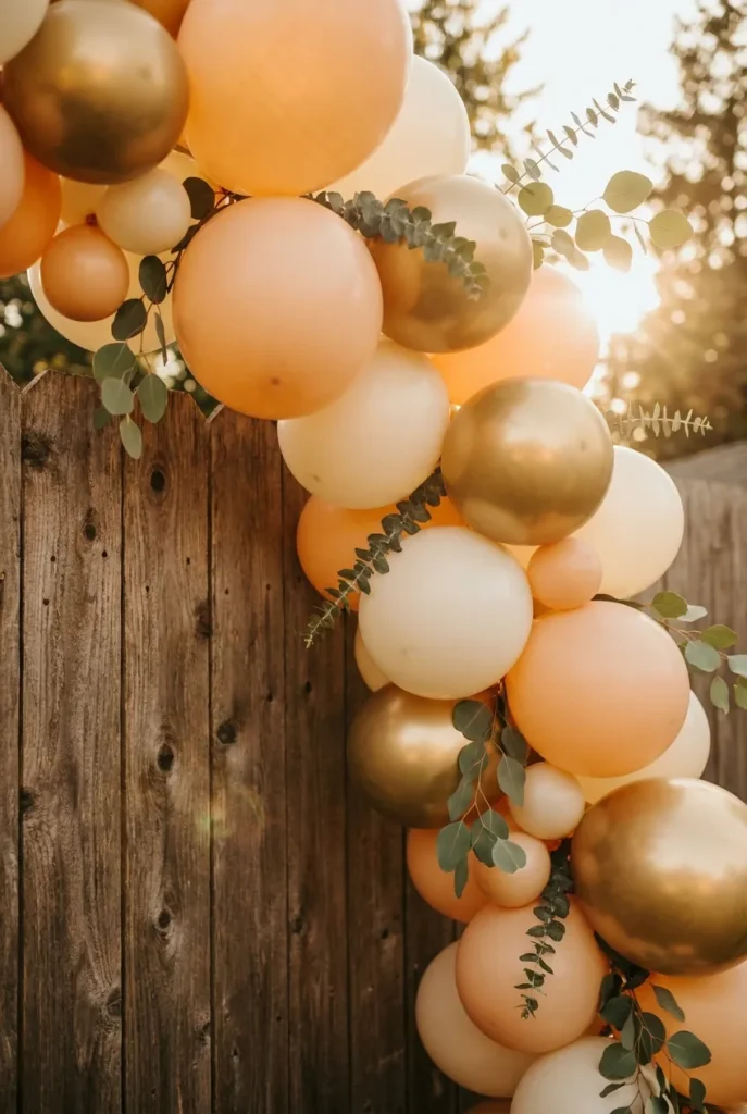 DIY balloon garland with eucalyptus on a fence for a backyard birthday photo backdrop