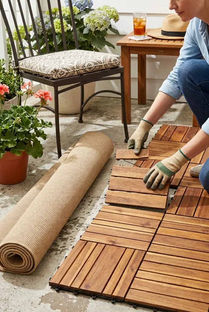 snap-together deck tiles covering a concrete patio for renters