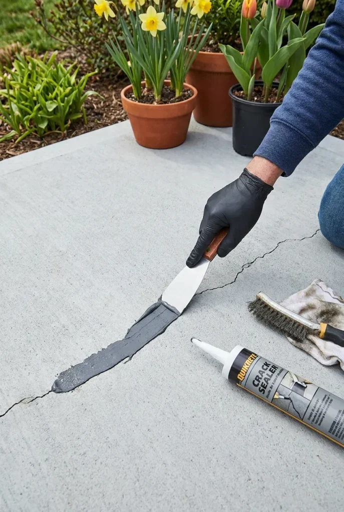 filling a concrete patio crack before a budget makeover