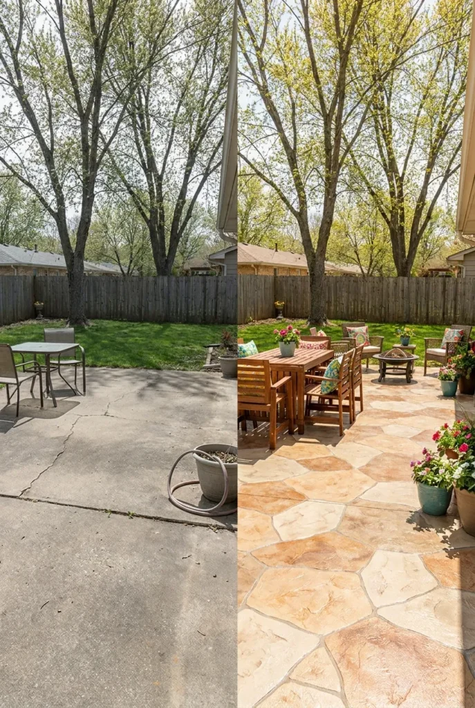 concrete patio makeover before and after with stone-look resurfacing