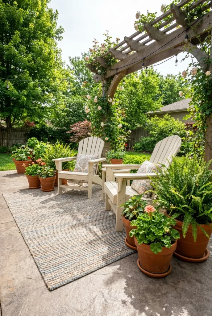right concrete patio makeover with stained slab, rug, and Adirondack chairs