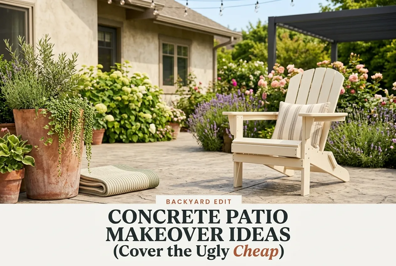 Cozy concrete patio makeover with stained floor, Adirondack chair, and terracotta planter