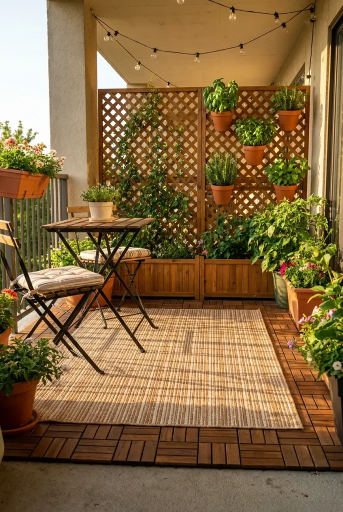 renter friendly concrete patio makeover with deck tiles and rug