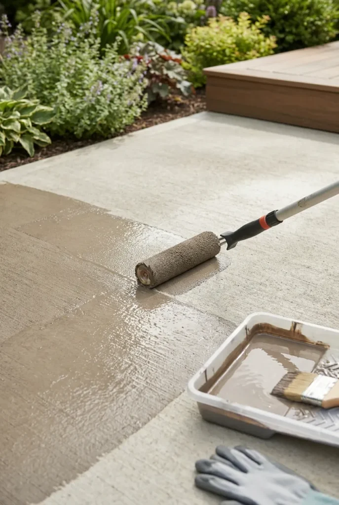 concrete patio makeover in progress with warm gray stain and roller