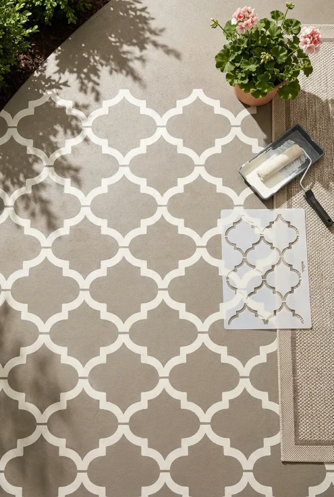 stenciled concrete patio makeover with Moroccan tile pattern