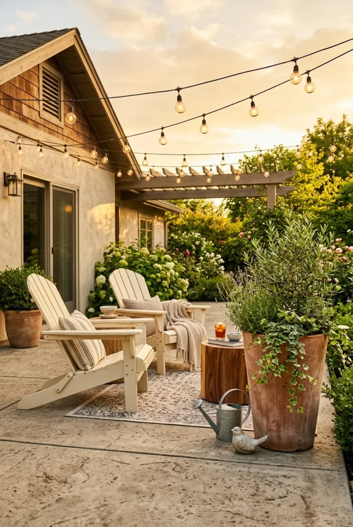 styled concrete patio makeover with chairs, planter, and string lights