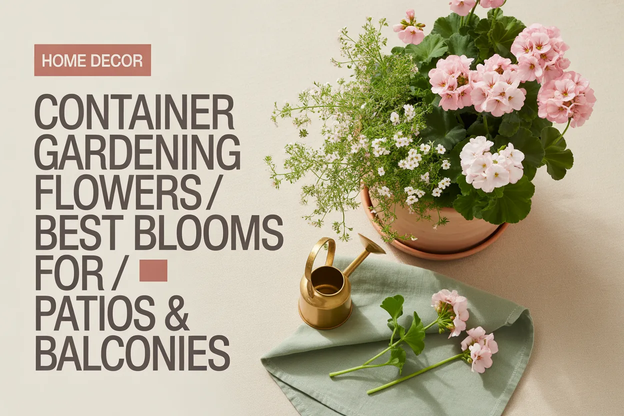 Container gardening flowers in terracotta pot with pink geraniums and white alyssum on cream linen flat lay