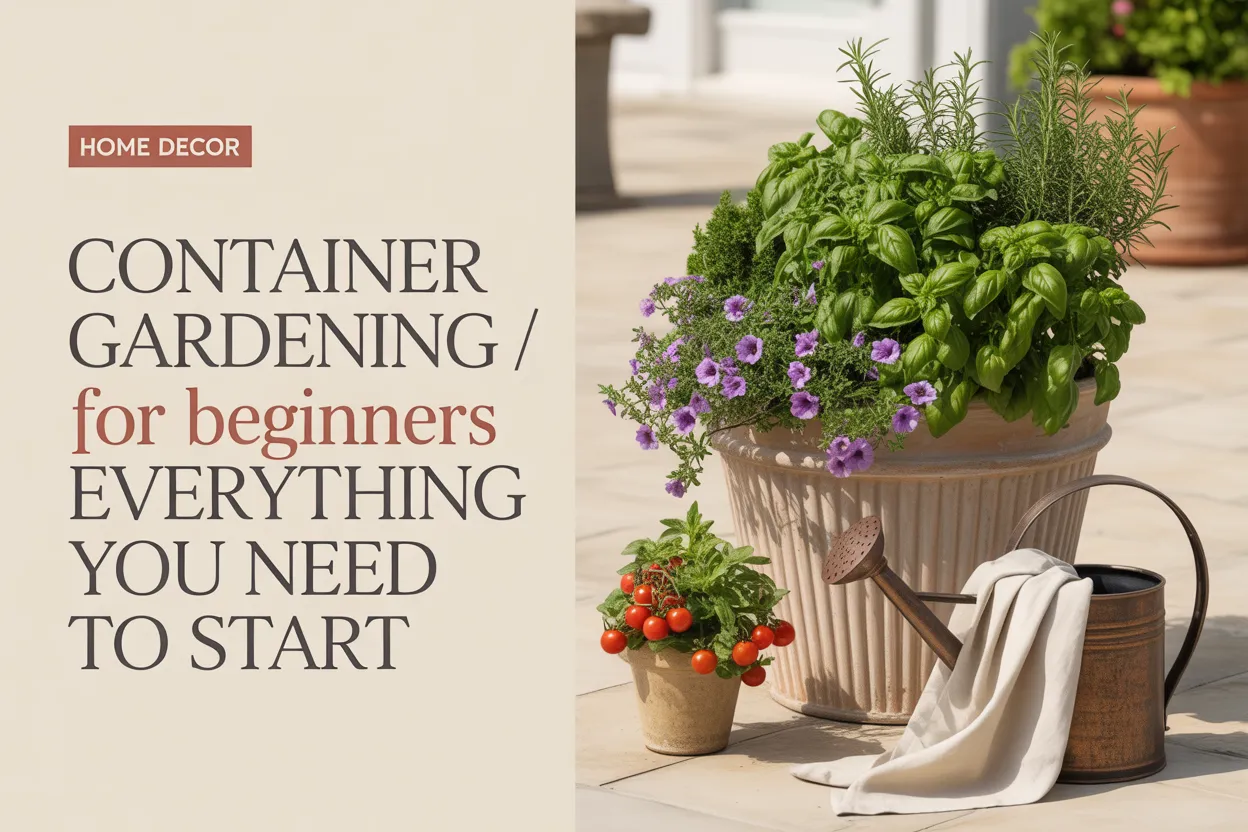 Cottagecore patio container gardening with terracotta pots of basil, rosemary, and cherry tomatoes for beginners