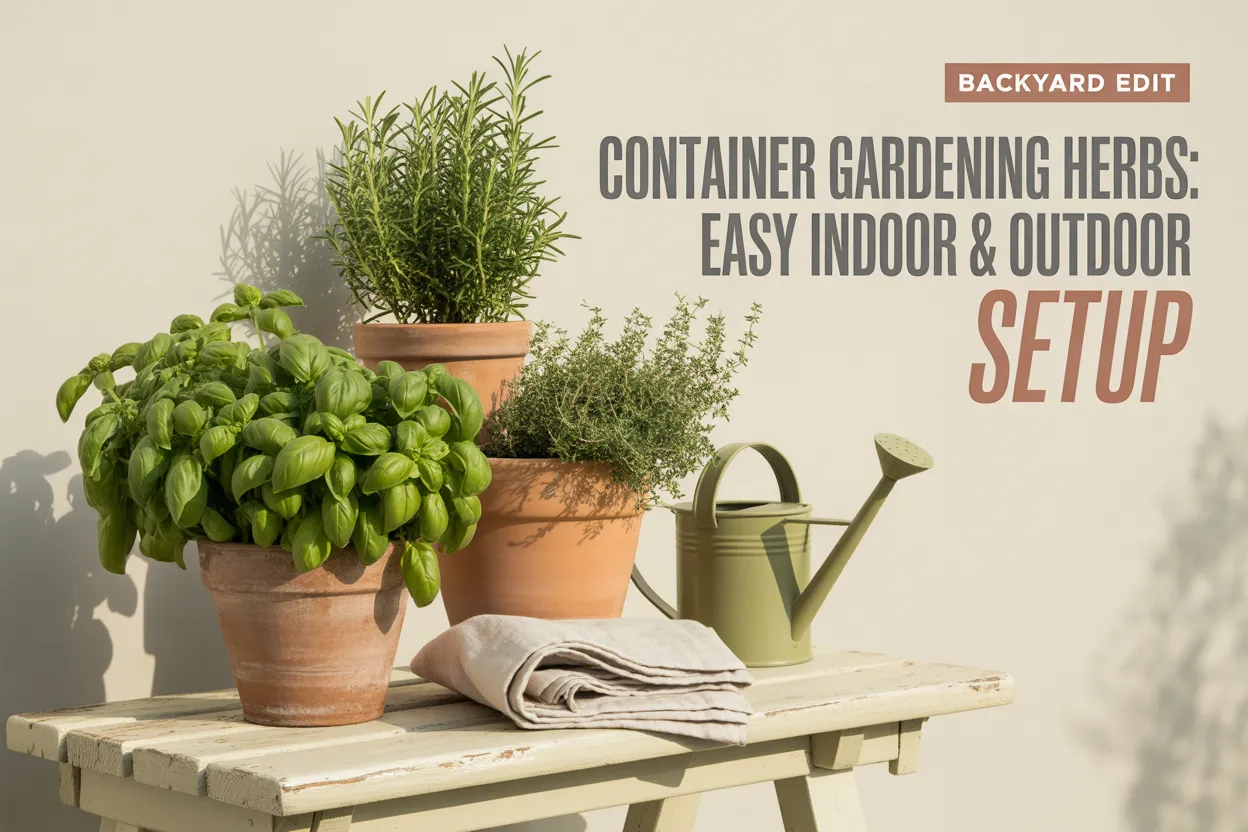 Container gardening herbs in terracotta pots with basil rosemary and thyme on cottagecore patio bench