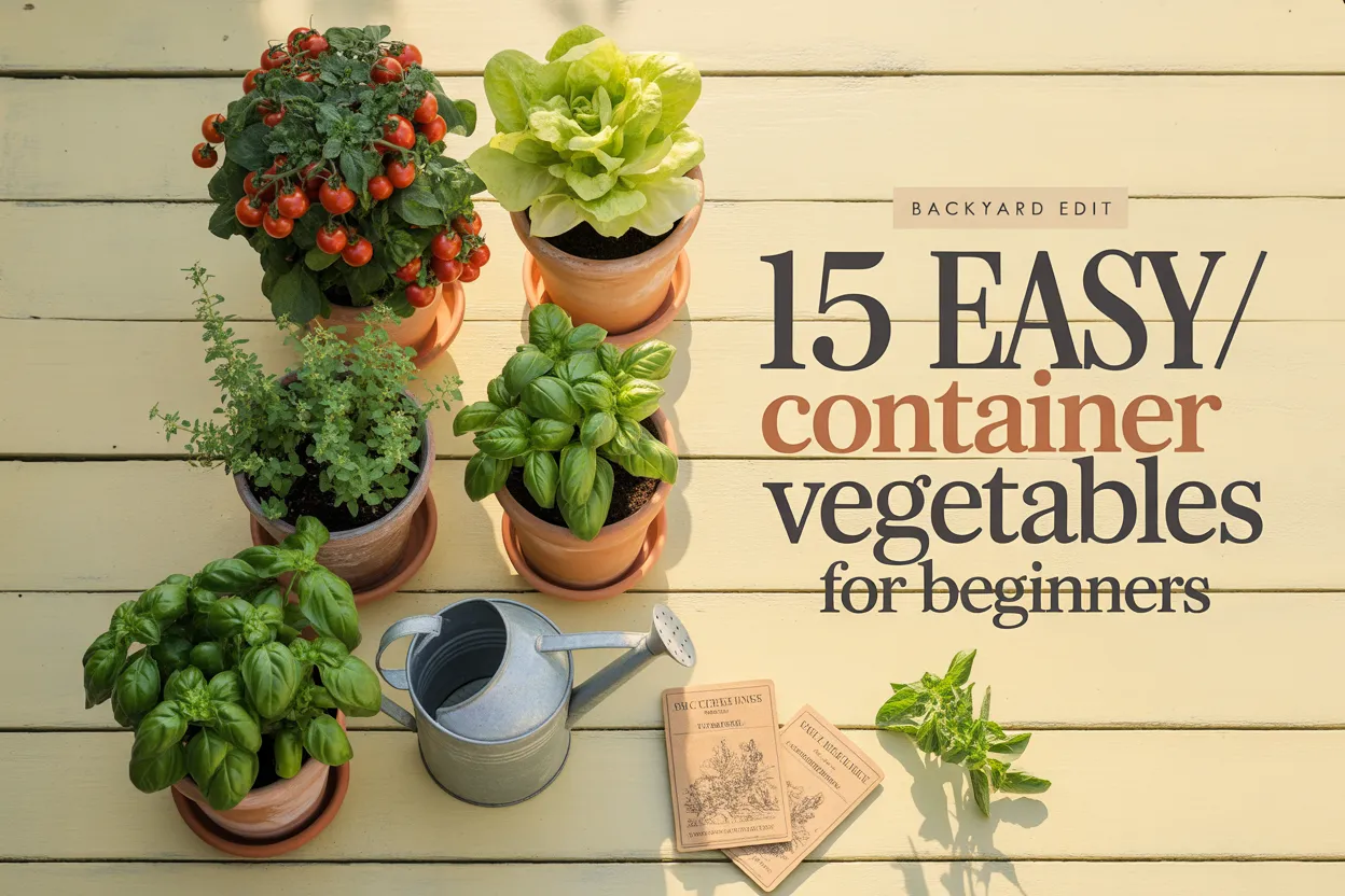 Container gardening vegetables in terracotta pots on a sunny patio with cherry tomatoes, basil, and lettuce.